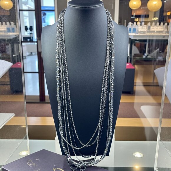 Multilayer Crystal Beaded Silver Black Chain Necklace Statement Coquette Glam - Picture 1 of 8